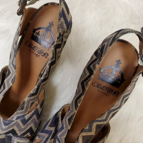Crown Vintage Chevron Design Slingback Platform Wedge Sandal SZ 7.5M - Picture 7 of 10